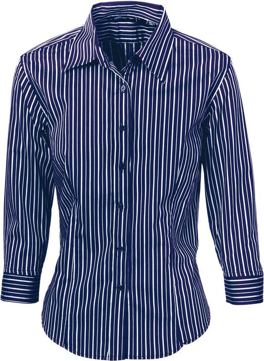 Ladies Stretch Yarn Dyed Contrast Stripe Sh irts - 3/4 Sleeve