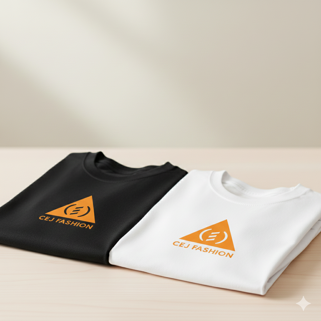 Black and white t-shirts with CEJ Fashion logo on a beige background